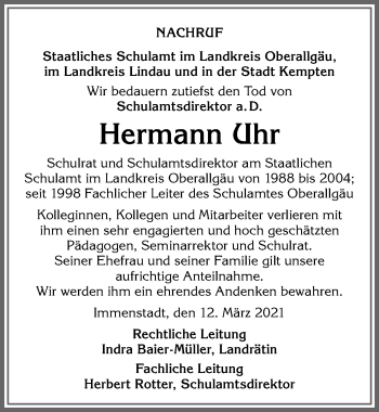 Traueranzeige von Hermann Uhr von Allgäuer Zeitung