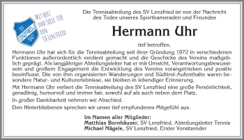 Traueranzeige von Hermann Uhr von Allgäuer Zeitung,Kempten