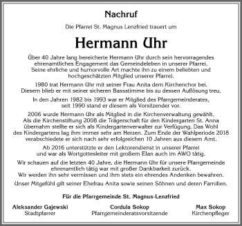 Traueranzeige von Hermann Uhr von Allgäuer Zeitung,Kempten