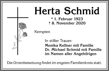 Traueranzeige von Herta Schmid von Allgäuer Zeitung,Kempten