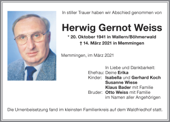 Traueranzeige von Herwig Gernot Weiss von Memminger Zeitung