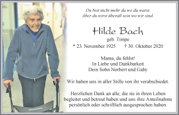 Traueranzeige von Hilde Bach von Allgäuer Zeitung, Marktoberdorf
