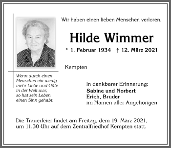 Traueranzeige von Hilde Wimmer von Allgäuer Zeitung,Kempten