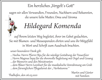 Traueranzeige von Hildegard Komenda von Allgäuer Zeitung, Marktoberdorf
