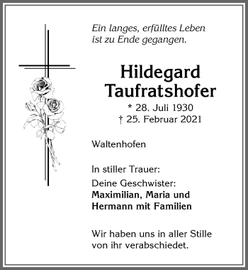 Traueranzeige von Hildegard Taufratshofer von Allgäuer Zeitung,Kempten