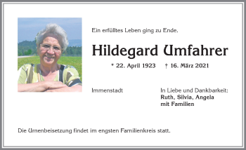 Traueranzeige von Hildegard Umfahrer von Allgäuer Anzeigeblatt