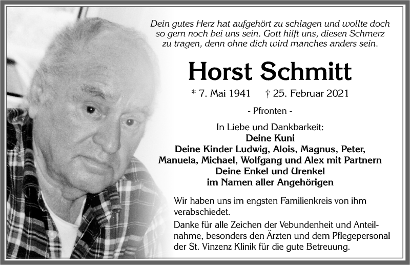  Traueranzeige für Horst Schmitt vom 05.03.2021 aus Allgäuer Zeitung, Füssen