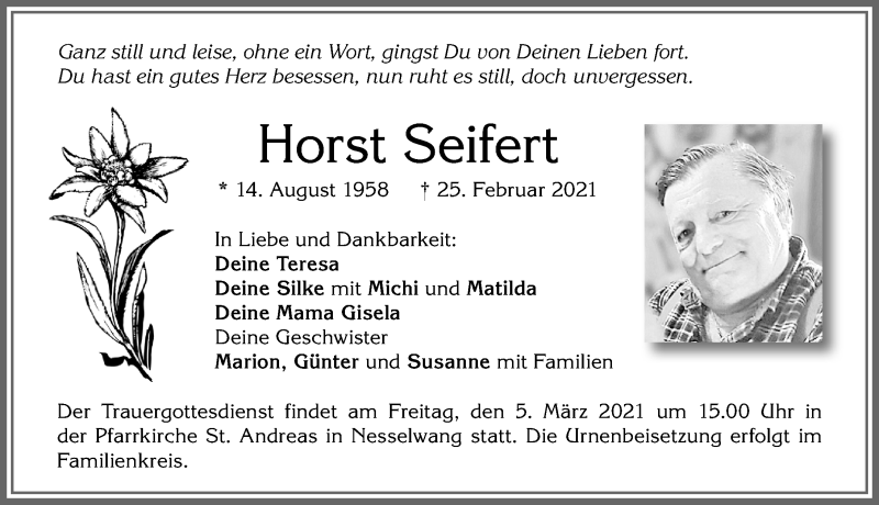  Traueranzeige für Horst Seifert vom 03.03.2021 aus Allgäuer Zeitung, Füssen