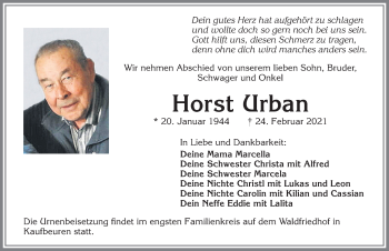 Traueranzeige von Horst Urban von Allgäuer Zeitung, Kaufbeuren/Buchloe