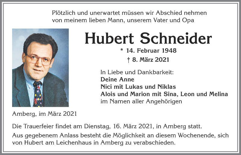  Traueranzeige für Hubert Schneider vom 12.03.2021 aus Allgäuer Zeitung