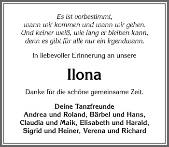 Traueranzeige von Ilona  von Allgäuer Zeitung, Kaufbeuren/Buchloe