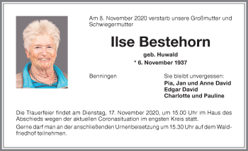 Traueranzeige von Ilse Bestehorn von Memminger Zeitung