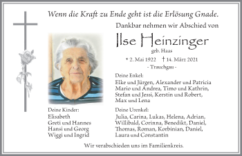 Traueranzeige von Ilse Heinzinger von Allgäuer Zeitung, Füssen