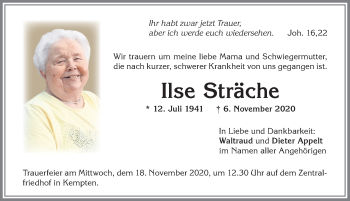 Traueranzeige von Ilse Sträche von Allgäuer Zeitung,Kempten