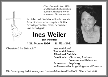 Traueranzeige von Ines Weiler von Allgäuer Anzeigeblatt