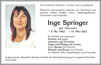 Traueranzeige von Inge Springer von Allgäuer Zeitung, Kaufbeuren/Buchloe