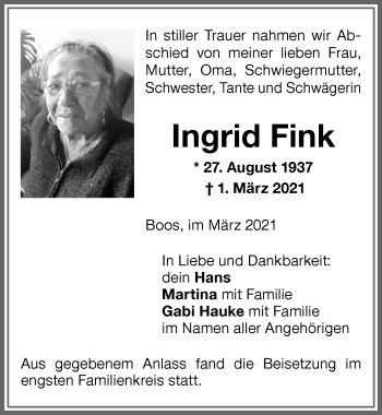 Traueranzeige von Ingrid Fink von Memminger Zeitung