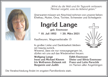Traueranzeige von Ingrid Lange von Allgäuer Zeitung, Kaufbeuren/Buchloe