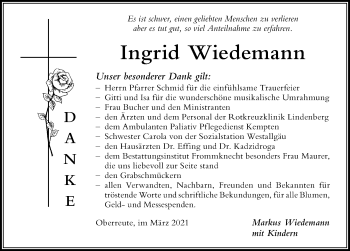 Traueranzeige von Ingrid Wiedemann von Der Westallgäuer