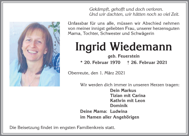  Traueranzeige für Ingrid Wiedemann vom 01.03.2021 aus Der Westallgäuer