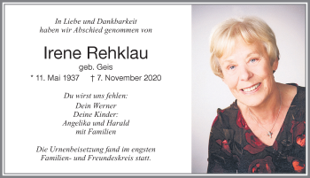 Traueranzeige von Irene Rehklau von Memminger Zeitung