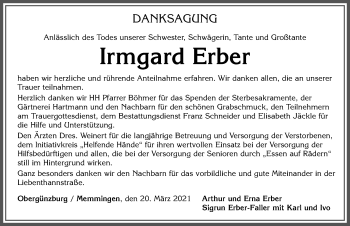 Traueranzeige von Irmgard Erber von Allgäuer Zeitung, Marktoberdorf