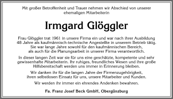 Traueranzeige von Irmgard Glöggler von Allgäuer Zeitung, Marktoberdorf