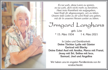 Traueranzeige von Irmgard Langhans von Allgäuer Zeitung, Füssen