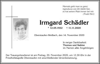 Traueranzeige von Irmgard Schädler von Allgäuer Anzeigeblatt