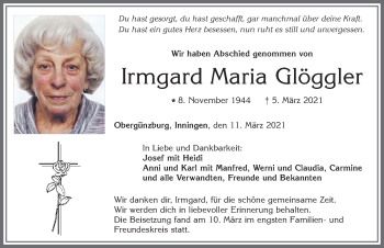 Traueranzeige von Irmgard Maria Glöggler von Allgäuer Zeitung, Marktoberdorf