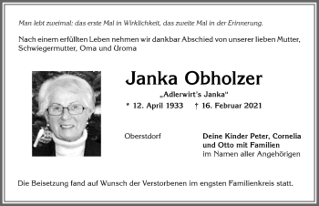 Traueranzeige von Janka Obholzer von Allgäuer Anzeigeblatt