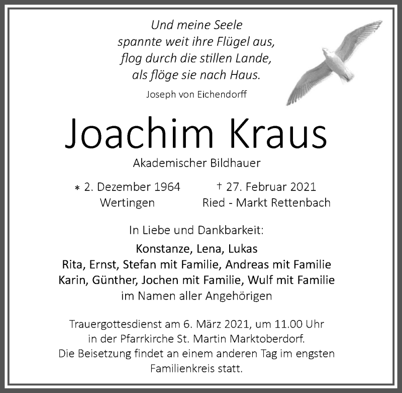  Traueranzeige für Joachim Kraus vom 04.03.2021 aus Allgäuer Zeitung, Gesamtausgabe