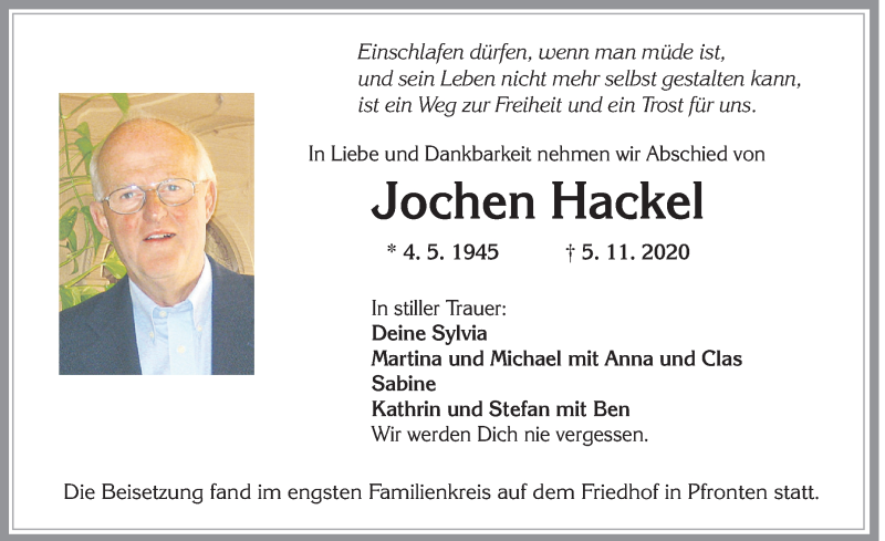  Traueranzeige für Jochen Hackel vom 14.11.2020 aus Allgäuer Zeitung