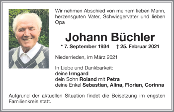 Traueranzeige von Johann Büchler von Memminger Zeitung