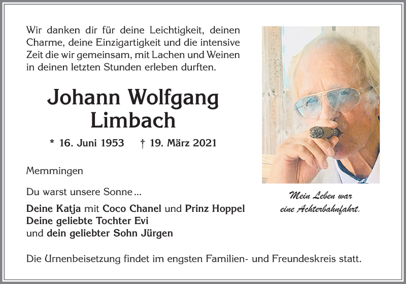  Traueranzeige für Johann Wolfgang Limbach vom 27.03.2021 aus Memminger Zeitung