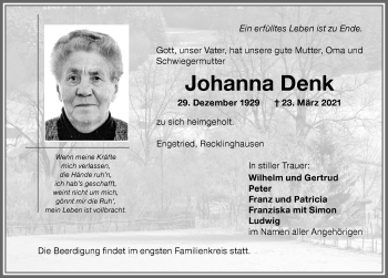 Traueranzeige von Johanna Denk von Memminger Zeitung