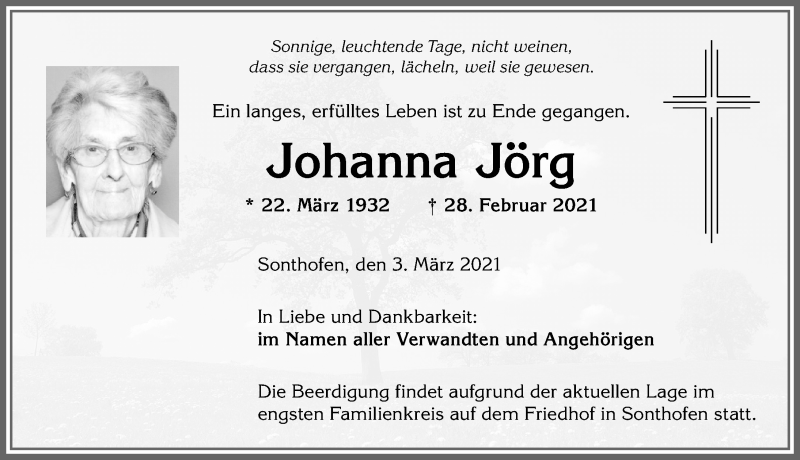  Traueranzeige für Johanna Jörg vom 03.03.2021 aus Allgäuer Anzeigeblatt