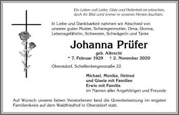 Traueranzeige von Johanna Prüfer von Allgäuer Anzeigeblatt