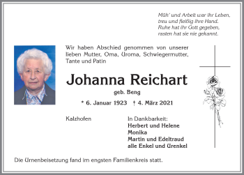 Traueranzeige von Johanna Reichart von Allgäuer Anzeigeblatt