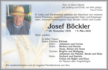 Traueranzeige von Josef Böckler von Memminger Zeitung