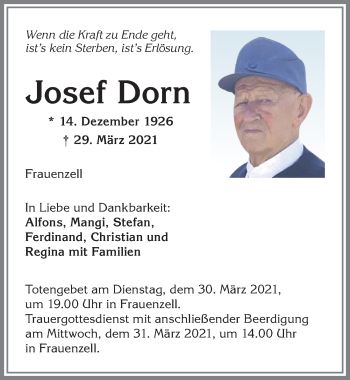 Traueranzeige von Josef Dorn von Allgäuer Zeitung,Kempten