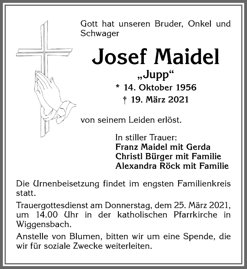  Traueranzeige für Josef Maidel vom 24.03.2021 aus Allgäuer Zeitung,Kempten