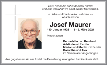 Traueranzeige von Josef Maurer von Memminger Zeitung