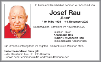 Traueranzeige von Josef Rau von Allgäuer Zeitung