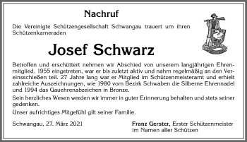 Traueranzeige von Josef Schwarz von Allgäuer Zeitung, Füssen