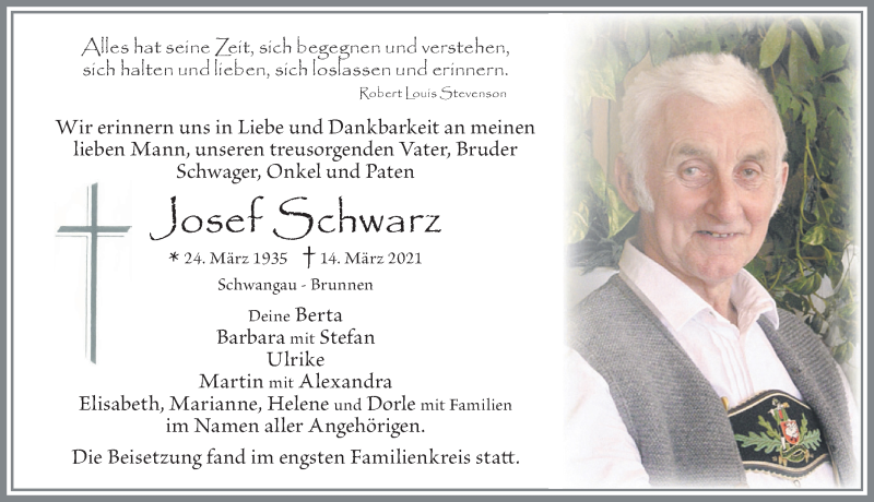  Traueranzeige für Josef Schwarz vom 25.03.2021 aus Allgäuer Zeitung, Füssen