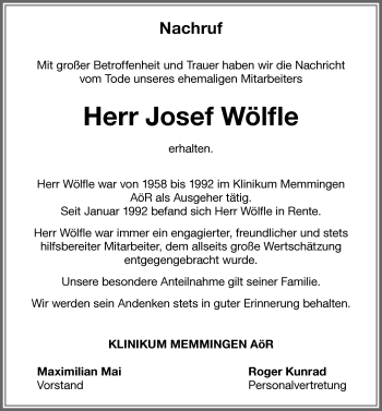 Traueranzeige von Josef Wölfle von Memminger Zeitung