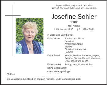 Traueranzeige von Josefine Sohler von Der Westallgäuer