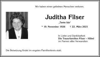 Traueranzeige von Juditha Filser von Allgäuer Anzeigeblatt