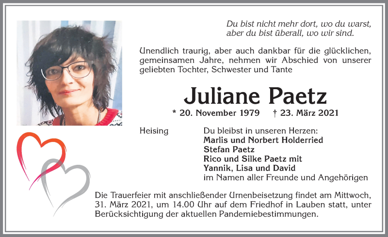  Traueranzeige für Juliane Paetz vom 27.03.2021 aus Allgäuer Zeitung,Kempten